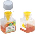 Fruitvliegjesval 'Fruit Fly Ninja' met gele trechter en oranje vloeistof. Label met fruit en tekst 'Fruit Fly Ninja'.