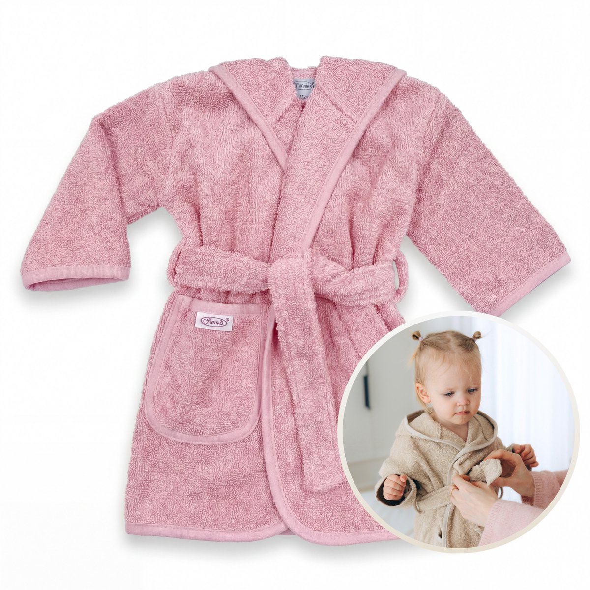Funnies Badjas Roze 1-2 Jaar Baby Badjas, Badjas Kinderen, Peuterbadjas - 100% Katoenen Badstof - Zacht en Absorberend - Perfect na Zwemmen, Douchen of Badderen - Ideaal als Cadeau voor Baby’s en Kinderen