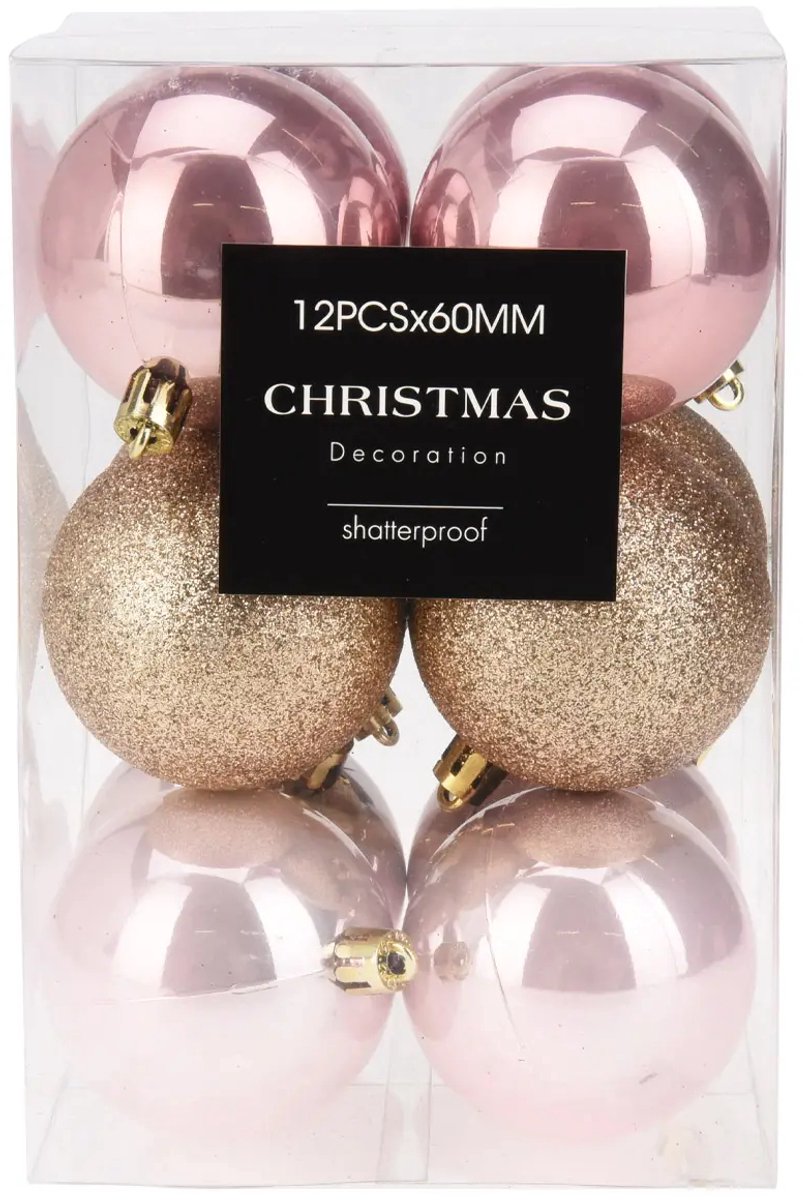 Onbreekbare Kerstballen Roze - Ø 6 cm - 12 stuks - Kunststof Kerstballen Set