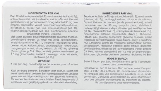 Zijde van de verpakking met "INGREDIËNTEN PER VIAL" en "GEBRUIK".