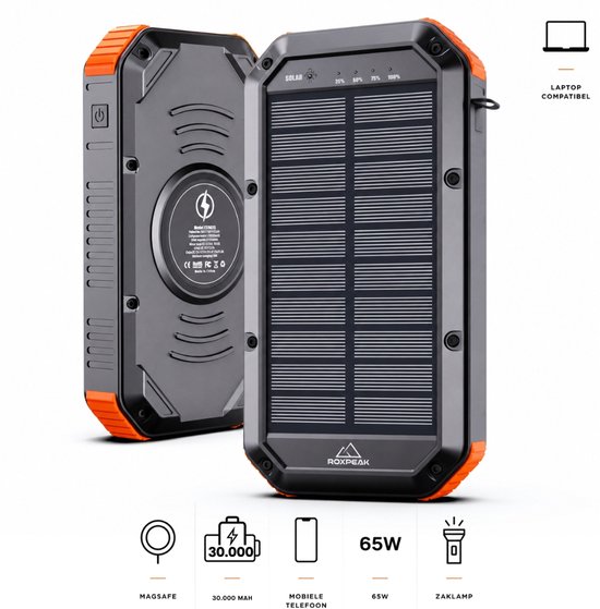 RoxPeak® TitanCharge X1 - 65W Laptop Powerbank - 30.000 mAh - USB-C PD Snellader - Solar Powerbank - geschikt voor laptops, smartphones & tablets - LED Display - Outdoor Noodpakket - Zwart