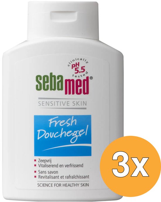 Witte fles met Sebamed Fresh Douchegel, zeepvrij, vitaliserend en verfrissend. 3x verpakking.