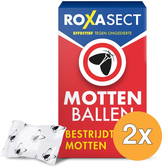 Roxasect Mottenballen verpakking met 2x 20 stuks. Rode verpakking met opdruk van motten.