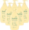 Groep van zes crèmekleurige Zwitsal anti-klit shampooflessen met pompsysteem.