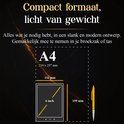 Afmetingen van de SwayTosh Nova Smart e-reader (6 inch) vergeleken met een A4-papier en een pen, om het compacte formaat te illustreren.