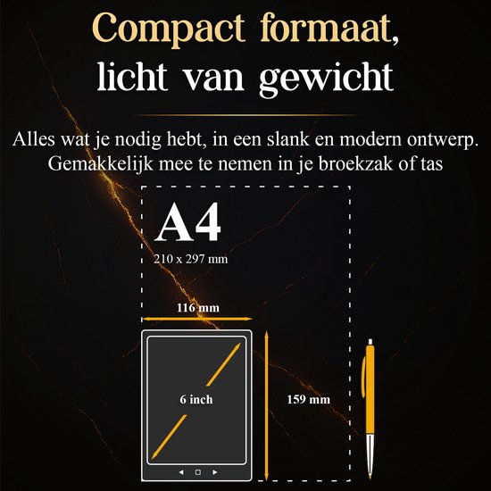 Afmetingen van de SwayTosh Nova Smart e-reader (6 inch) vergeleken met een A4-papier en een pen, om het compacte formaat te illustreren.
