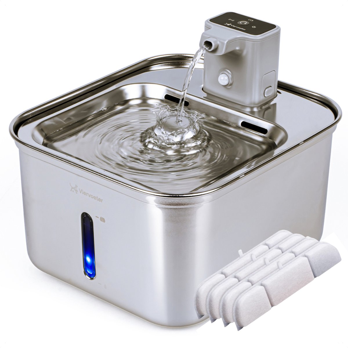 Viervoeter® Aqua Pro - Draadloze Drinkfontein RVS - Sensor Waterfontein voor Kat en Hond - Inclusief 4 filters - 3L - 30d batterijduur - Fluisterstil