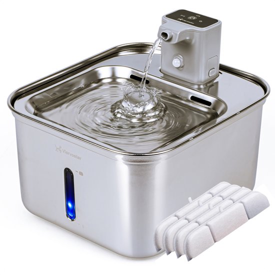 Viervoeter® Aqua Pro - Draadloze Drinkfontein RVS - Sensor Waterfontein voor Kat en Hond - Inclusief 4 filters - 3L - 30d batterijduur - Fluisterstil