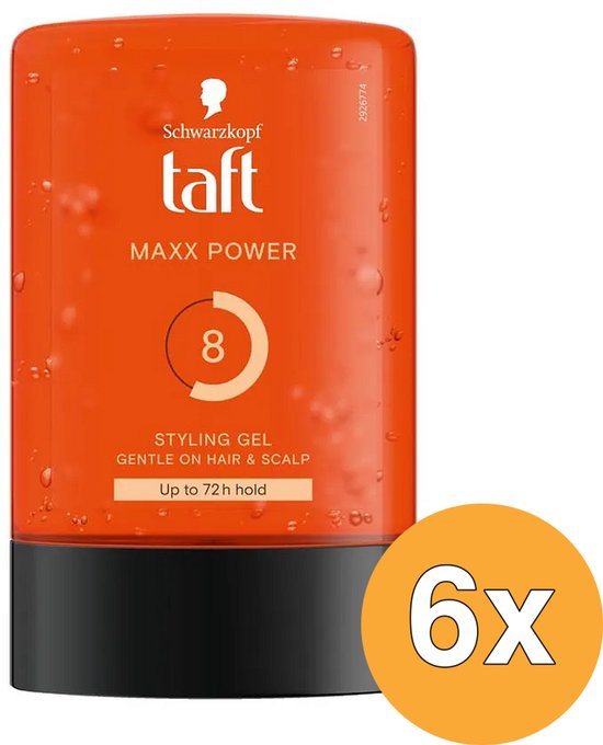 Taft Maxx Power haarstylinggel in een oranje pot met 6x voordeelverpakking.