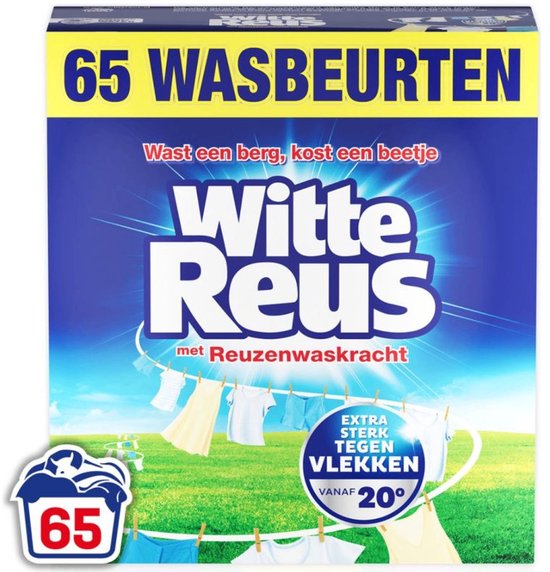 Witte Reus waspoeder: 65 wasbeurten. Witte wasgoed hangt te drogen in de zon. Tekst: 65 WASBEURTEN, Witte Reus met Reuzenwaskracht.
