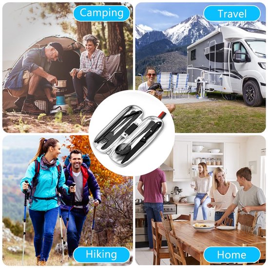 Camping Bestekset 9-delig - RVS Reisbestek - Inclusief Draagtas, Rietje, Reinigingsborstel & Flesopener - Zwart - Voor Kamperen, Reizen, Picknick & Outdoor — afbeelding 2