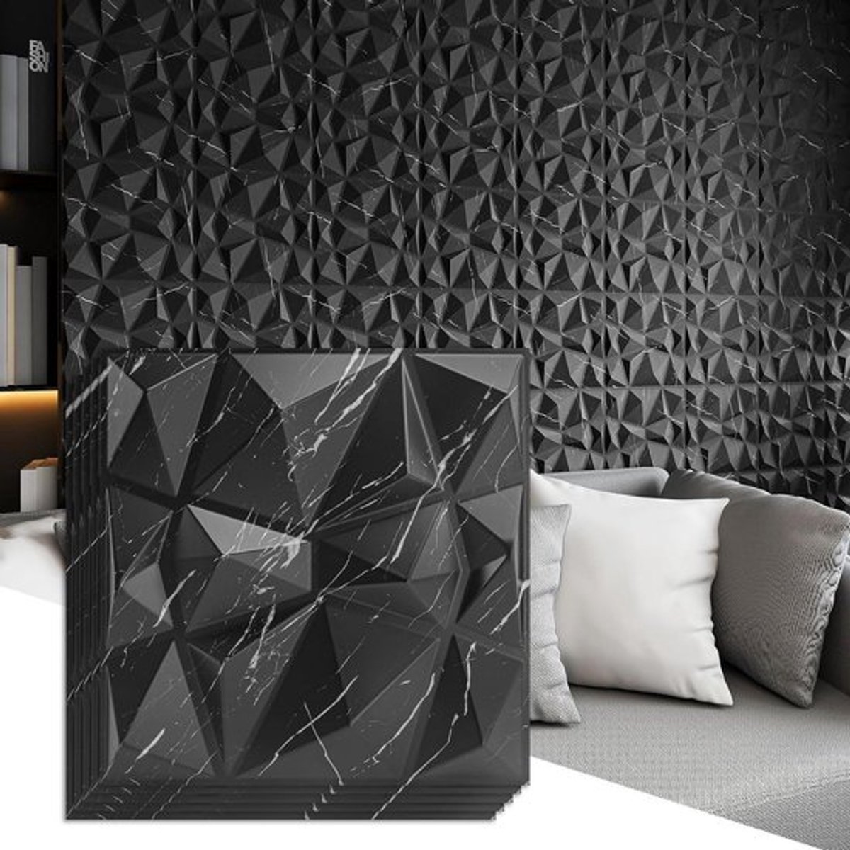 Wandpanelen voor woonkamer met 3D diamantontwerp - zwart