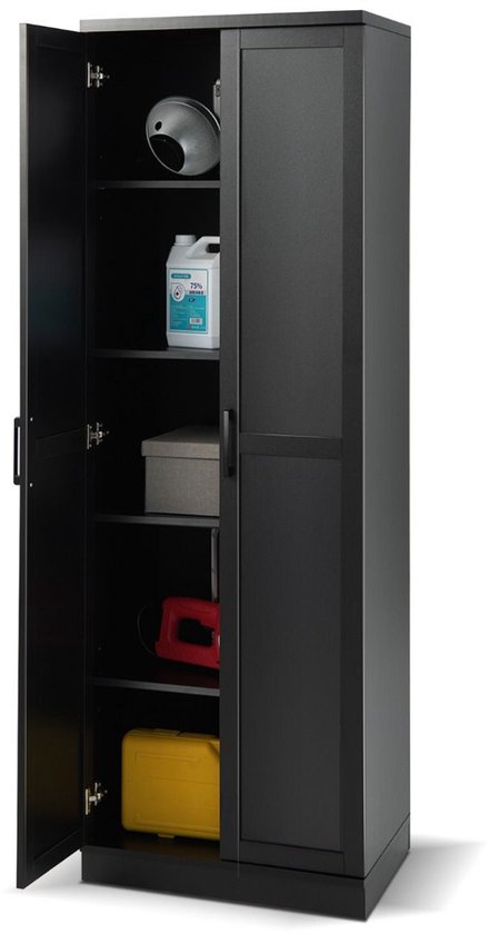 Zwarte archiefkast met deuren open, met een lampenkap, fles desinfectiemiddel, doos en gele koffer binnenin.
