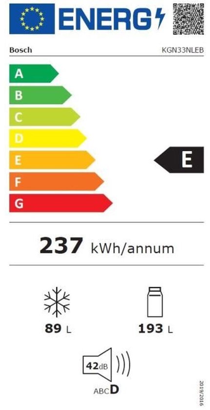 Energie-etiket van Bosch koel-vriescombinatie KGN33NLEB met energieklasse E, 237 kWh/annum, 89L vriesruimte en 193L koelruimte.
