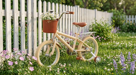 16 Inch Vintage Kinderfiets Beige - Met Zijwieltjes, Mandje, Dubbele Remmen - Verstelbaar Zadel (58-68 cm) - Stevig Stalen Frame - Geschikt voor 5-9 Jaar, Jongens & Meisjes — afbeelding 4
