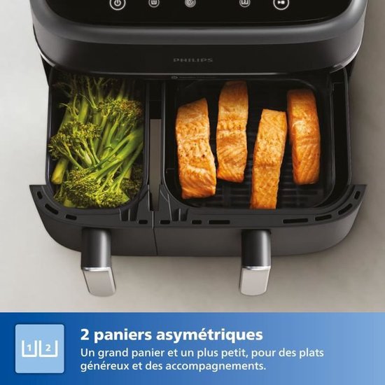 Philips 3000 Series Dual Airfryer - NA351/00 - Dubbele Mand - 9L - Tot 6 Personen - Zwart/Zilver