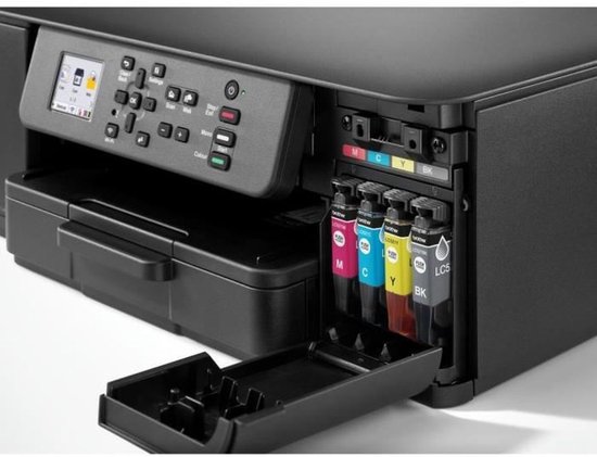 Close-up van de open inktpatroonlade van een zwarte Brother printer, met vier gekleurde inktpatronen.