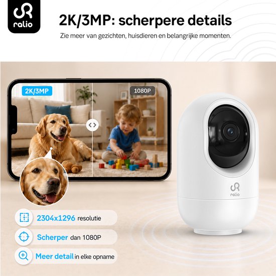 Ralio Beveiligingscamera binnen - 3MP Ultra HD - Huisdiercamera met App - Wifi Camera - beweging en geluidsdetectie - Bewakingscamera - Babyfoon - 2.4/5 GHz - Wit — afbeelding 4