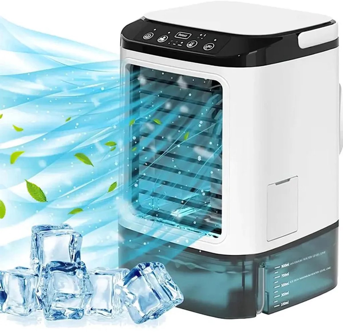 Draagbare mini-airconditioner met een waterreservoir van 900 ml, ijsmaker, 3 ventilatorsnelheden en ledverlichting; geschikt voor kantoren en slaapkamers.
