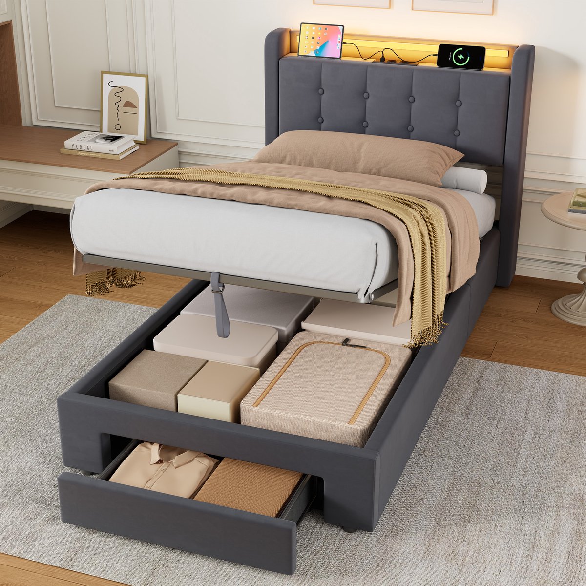 HAUSS SPOLE Gestoffeerd Bed 90x190 cm - Eenpersoonsbed Met LED Verlichting En Opbergruimte - Stoffen Bedframe - Donkergrijs