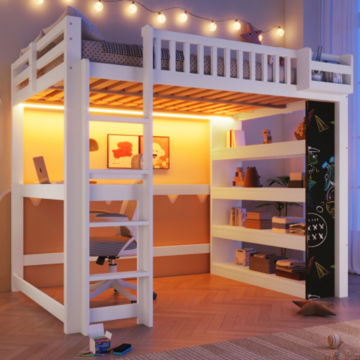 Zubaliya Hoogslaper 140x200 Cm - Met Bureau Opbergplanken Krijtbord LED Licht - Wit - Stalen Houten Bed Multifunctioneel Studeerbed
