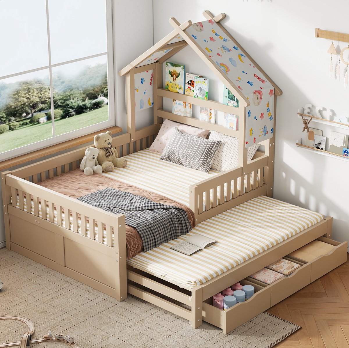 MEUNIQ huisbed 140 x 200 cm met uitschuifbed, 3 opberglades en veiligheidshek, kinderbed van grenenhout en MDF, platformbed voor kinderkamer, crème