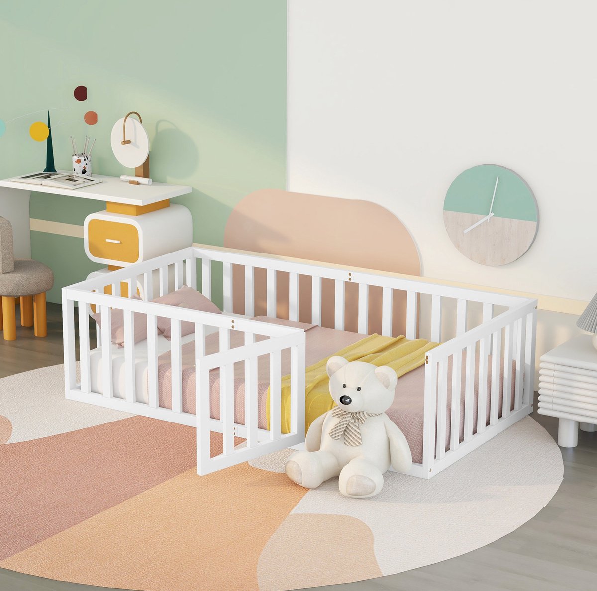 MEUNIQ Kinderbed 90 x 200 cm vloerbed met omheining en deur, houten bedframe zonder lattenbodem voor kinderkamer, wit
