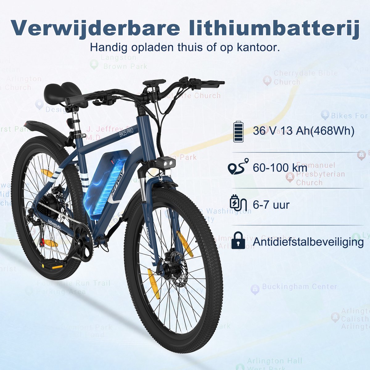 Hitway Elektrische Fiets BK15 Pro - 27.5 Inch City Commuter EBike met Afneembare 36V 13Ah Lithium Batterij - Mountain E-Bike met 250W Motor - 7 Versnellingen - IP54 Waterdicht - Elektrische Fietsen (EAN: ...7581) - afbeelding 2