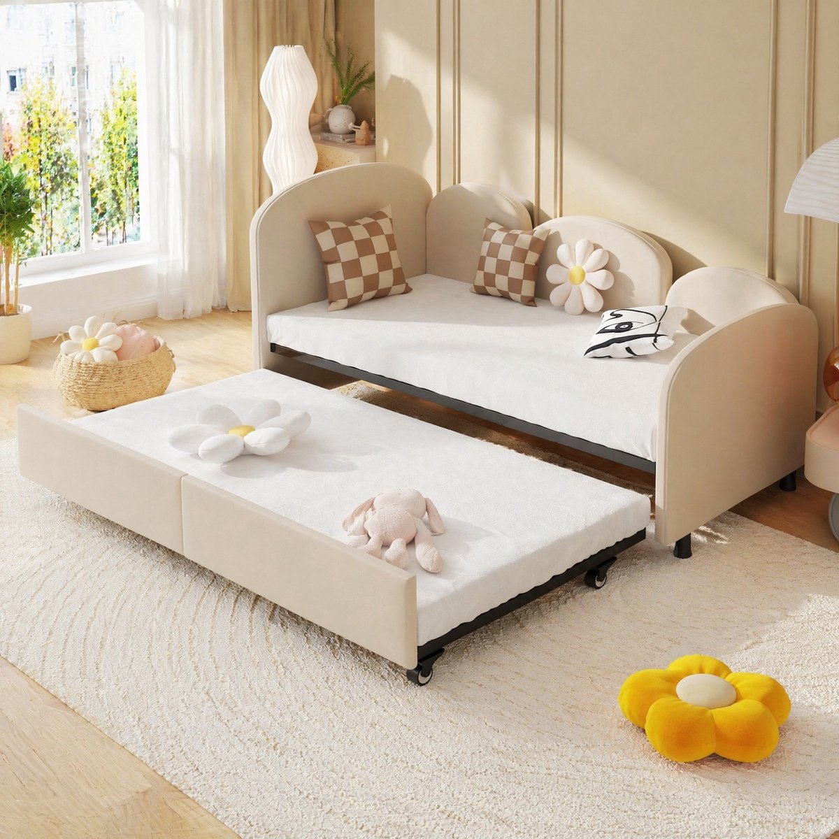 MEUNIQ Kinder daybed 90 x 200 cm met bloemvormig ontwerp, 3-zijdige bedrand, fluwelen bekleding en opberglade, bedbank voor kinderkamer en slaapkamer, beige