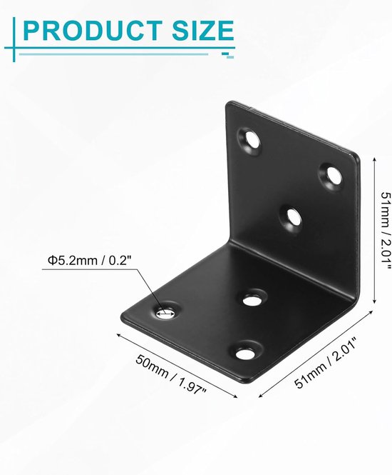 4 stuks L-hoekverbinder Metalen hoekverbinder Rechthoekige hoekbeugel met schroeven voor houten rekken, Zwart, 5,1 cm x 5,0 cm x 5,1 cm — afbeelding 5