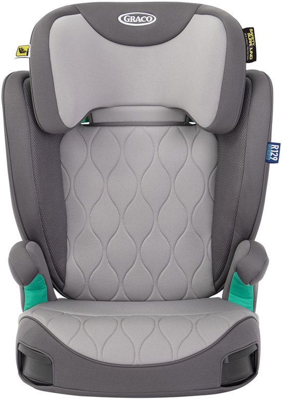 Graco Affix kinderzitje in grijs met gewatteerde zitting en groene accenten.