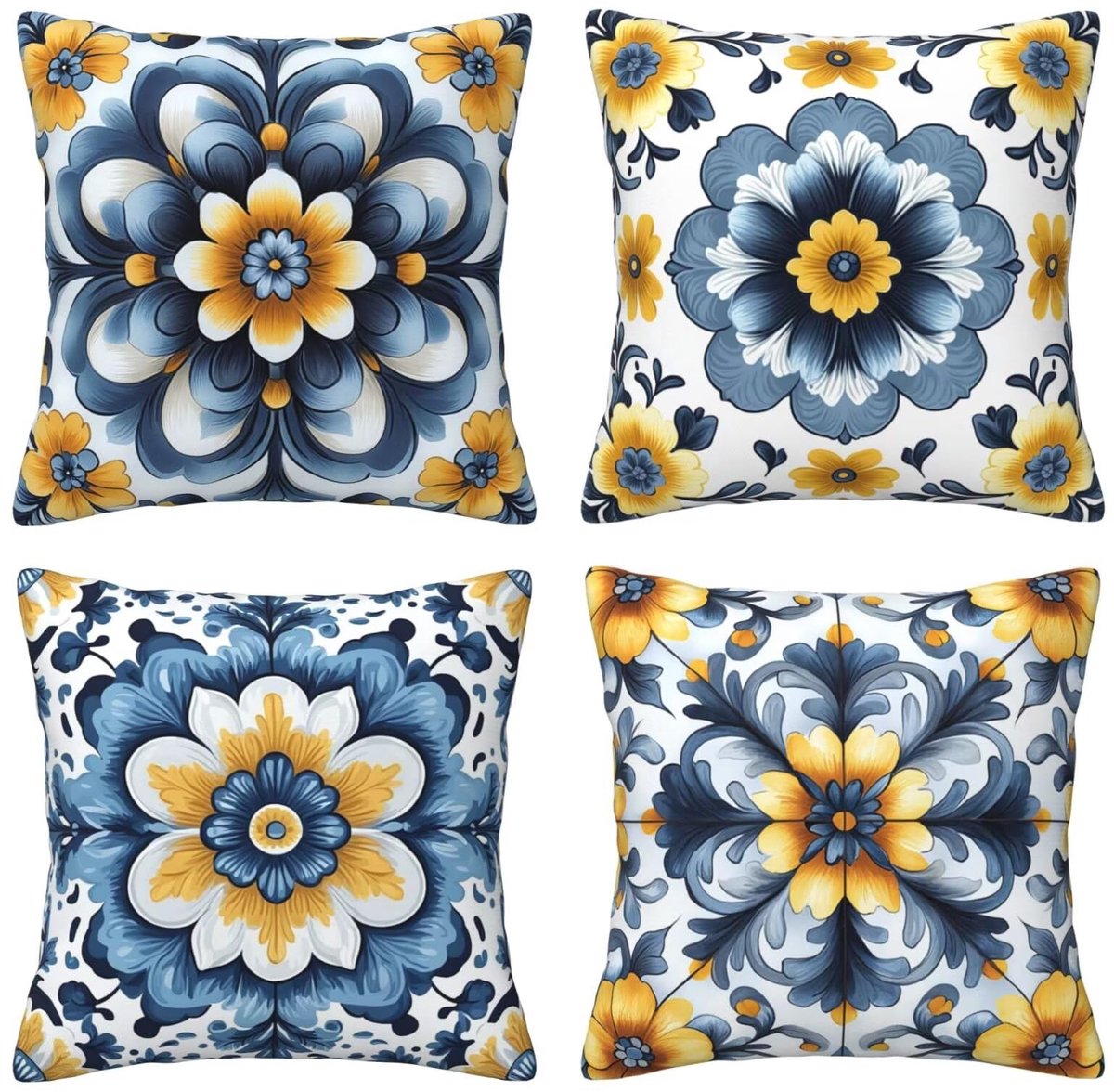 Kussenhoezen voor bank, 65 x 65 cm, set van 4, fluwelen kussensloop met verborgen ritssluiting, blauw en geel, vierkant, voor bank, woonkamer, slaapkamer en stoel, decoratief, I8111