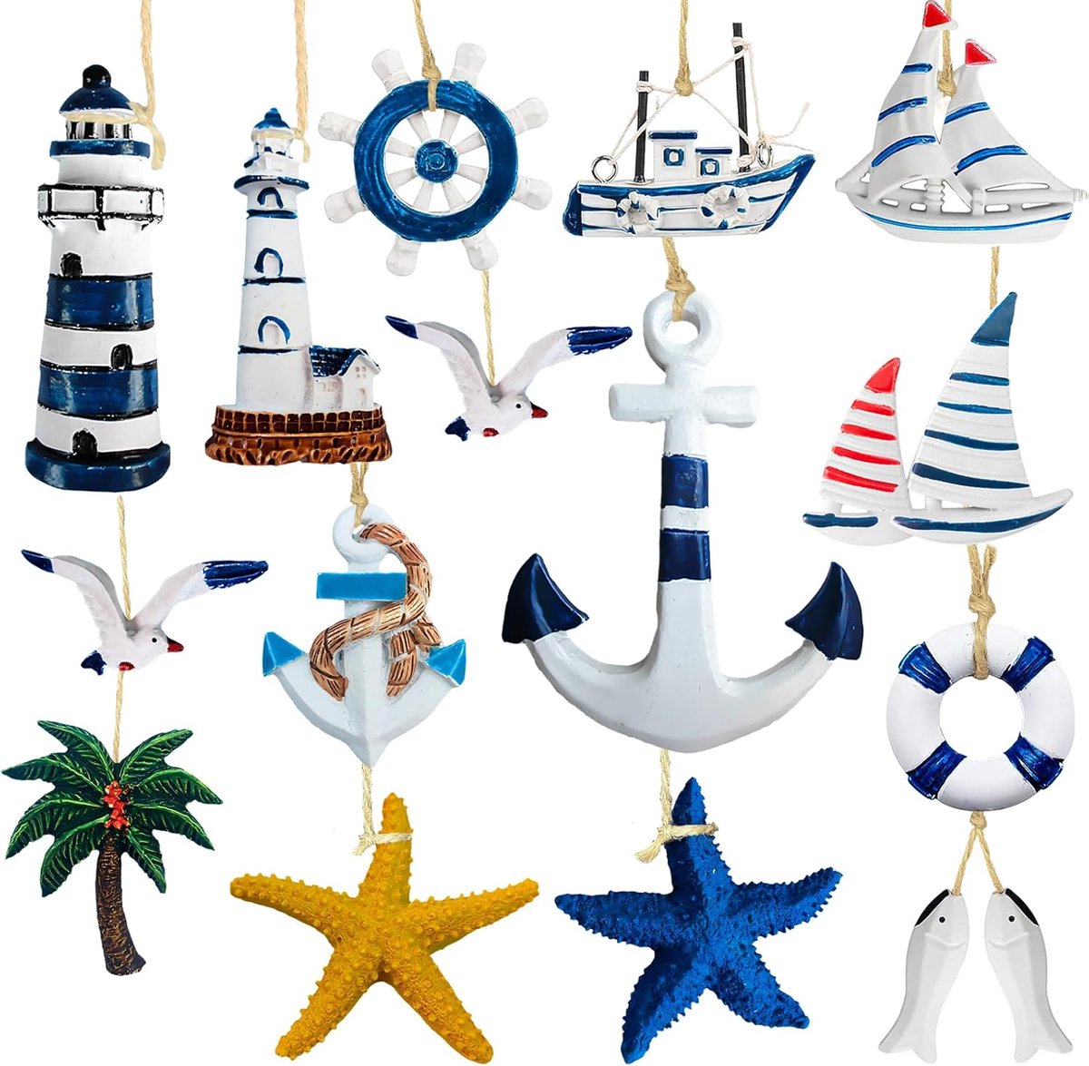 15 Stuks Maritieme Hangers Nautische Decoratie Maritieme Decoratieset Zeester Boot Vis Kokospalm Voor Visnet Wanddecoratie