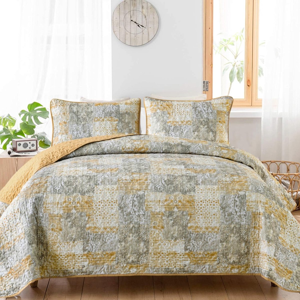 Gele Boho Quilt Set King Size 3 Stuks Grijs en Geel Plaid Bloemen Beddengoed Set Microfiber Lichtgewicht Boheemse Patchwork Sprei Coverlet Set voor Alle Seizoen 90"x104"
