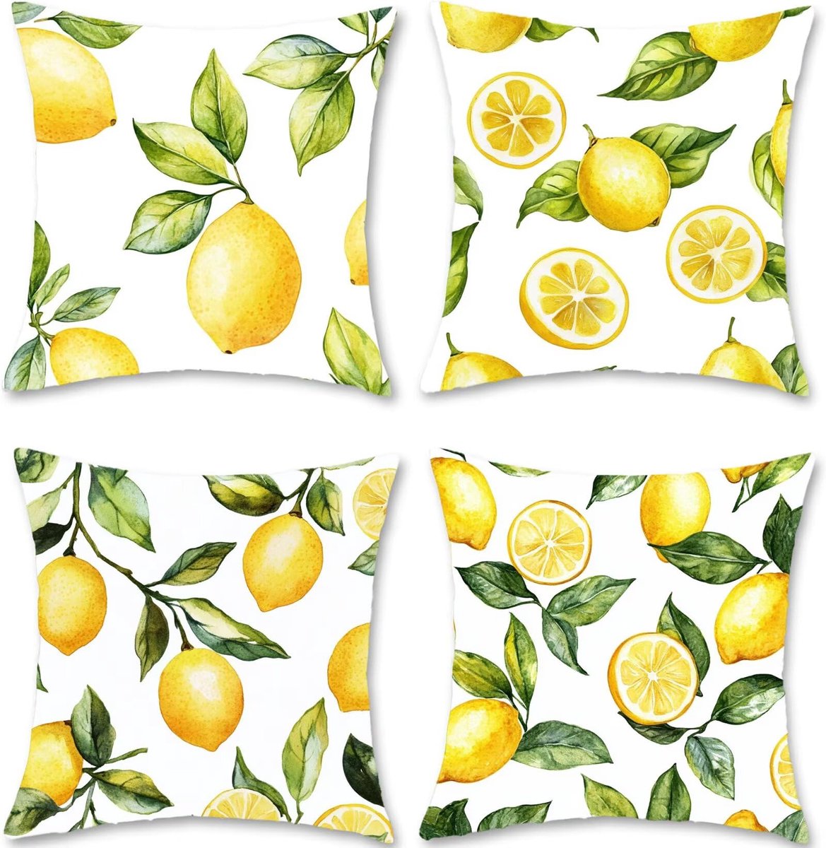 S1-499, geel, set van 4 outdoor kussens, bankkussens, linnen, hoofdkussen, kussenslopen, citroen, kussenhoezen, dubbelzijdig bedrukt, voor decoratie, woonkamer, slaapkamer, set van 4