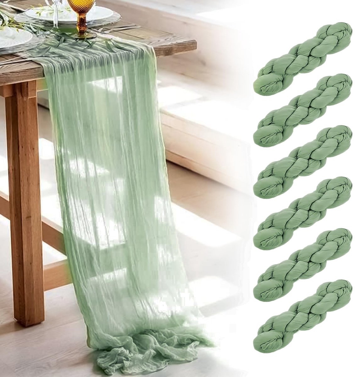 Tafelloper, 25 m boho gaas tafelloper voor bruiloftsfeest, herbruikbare lange tafelkleed voor baby bruidsdouche decoratie doorschijnend gaas middelpunt 71 x 304 cm (saliegroen, 6 stuks)