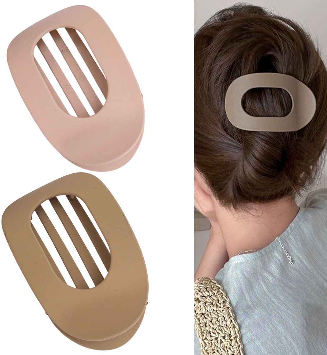 2 Pack Grote Haarklemmen - Comfortabele Franse Klem met Gebogen Design voor Liggen, Slapen en Rijden (Matte, Abrikoos Khaki)