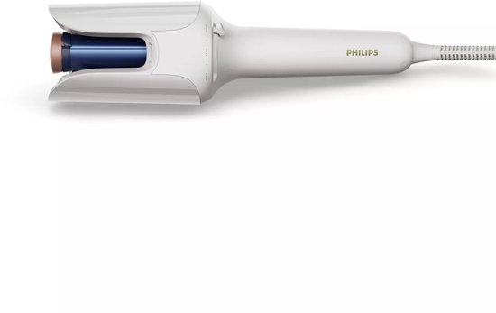 Witte Philips automatische krultang met koperen en blauwe elementen op een witte achtergrond.