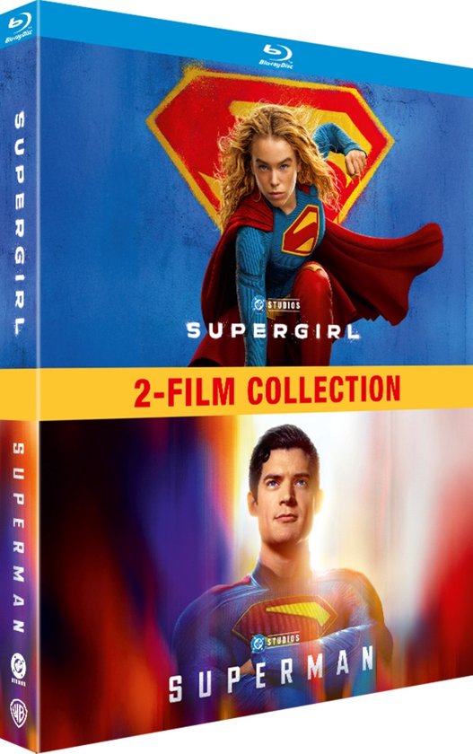 Boîtier Blu-ray avec Supergirl et Superman. Supergirl en rouge et bleu avec cape, Superman en bleu avec cape.