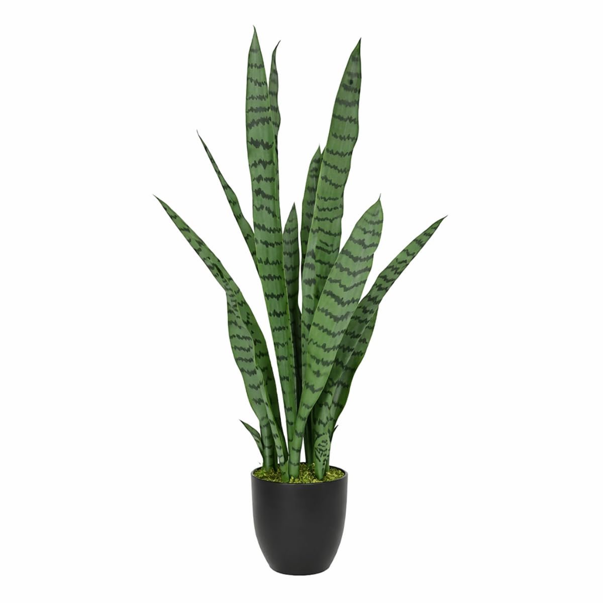 Kunstplant Sansevieria 90 cm - Realistische Nep Vrouwentong Plant met Natuurlijke Bladtekening - Inclusief Luxe Zwarte Pot en Moslaag - Onderhoudsvrije Kunst Kamerplant – Groen
