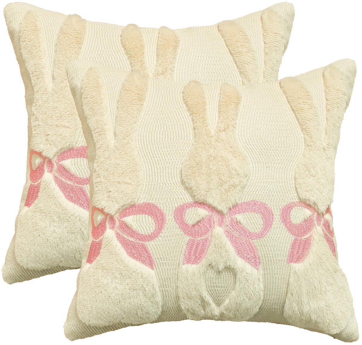 Mode Set van 2 kussenslopen met kunstbont, roze strikken, hazen en Pasen, 45 x 45 cm, jacquard fluweel, bankkussen, sierkussensloop, decoratief