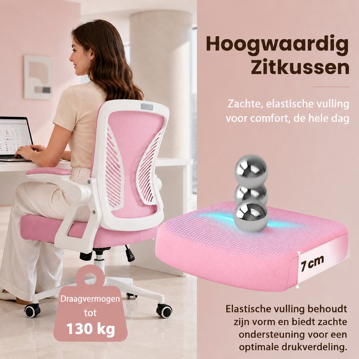Milacyee Bureaustoel - Ergonomische Bureaustoel – Verstelbare Gaming/Computerstoel met Mesh Rug & Lendensteun – 90° Opklapbare Armleuningen – Directiestoel met Stille Wieltjes – Tot 130 kg Belasting - Roze - Geschikt voor thuiswerk en kantoor – foto 5