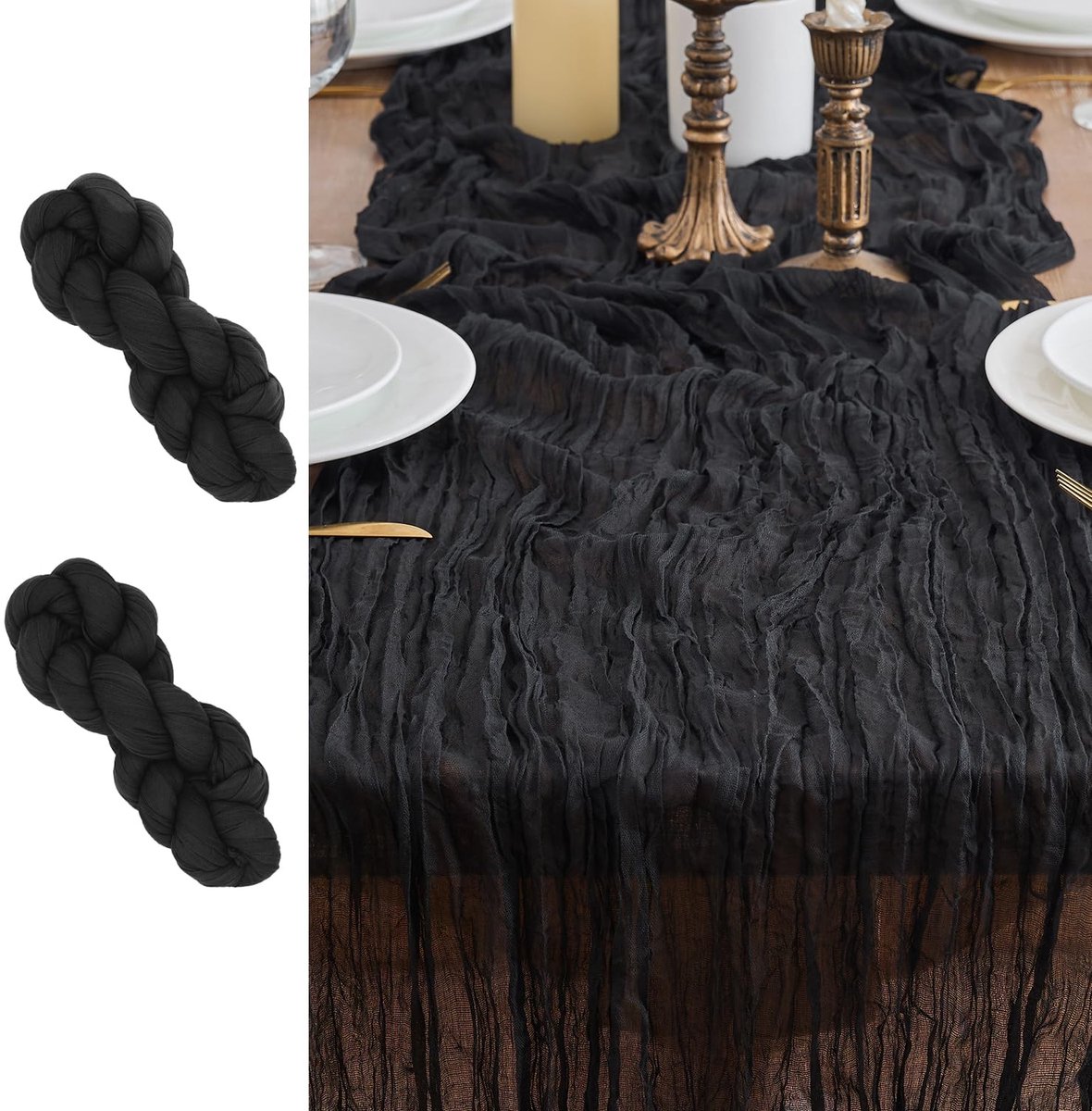 Tafelloper, zeefdoek tafelloper, Boho gaas stof kaasdoek, rustieke tafelkleed voor bruiloftsdecoratie tafeldecoratie, 90 x 300 cm (Zwart, 90 x 300 cm, 2 stuks)