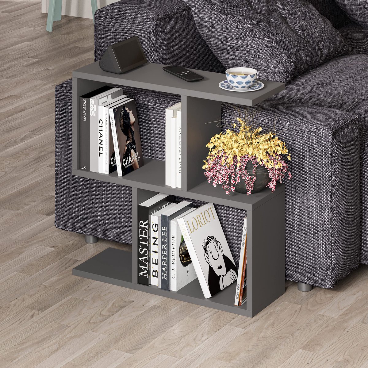 PICUS 2-Lagen Opbergtafel – Multifunctionele C-Vorm Bijzettafel – 60x60x19,5 cm – Organizer met Planken voor Woonkamer, Kantoor of Slaapkamer – Zwart Hout