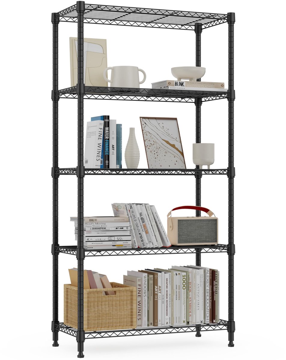 Stellingkast met Verstelbare Planken, 5-Laags Opbergrek voor Garage, Berging, Wasruimte en Keuken, Vrijstaand Draadrek, 30×75×151,1 cm, Draagvermogen tot 567,5 kg, zwart