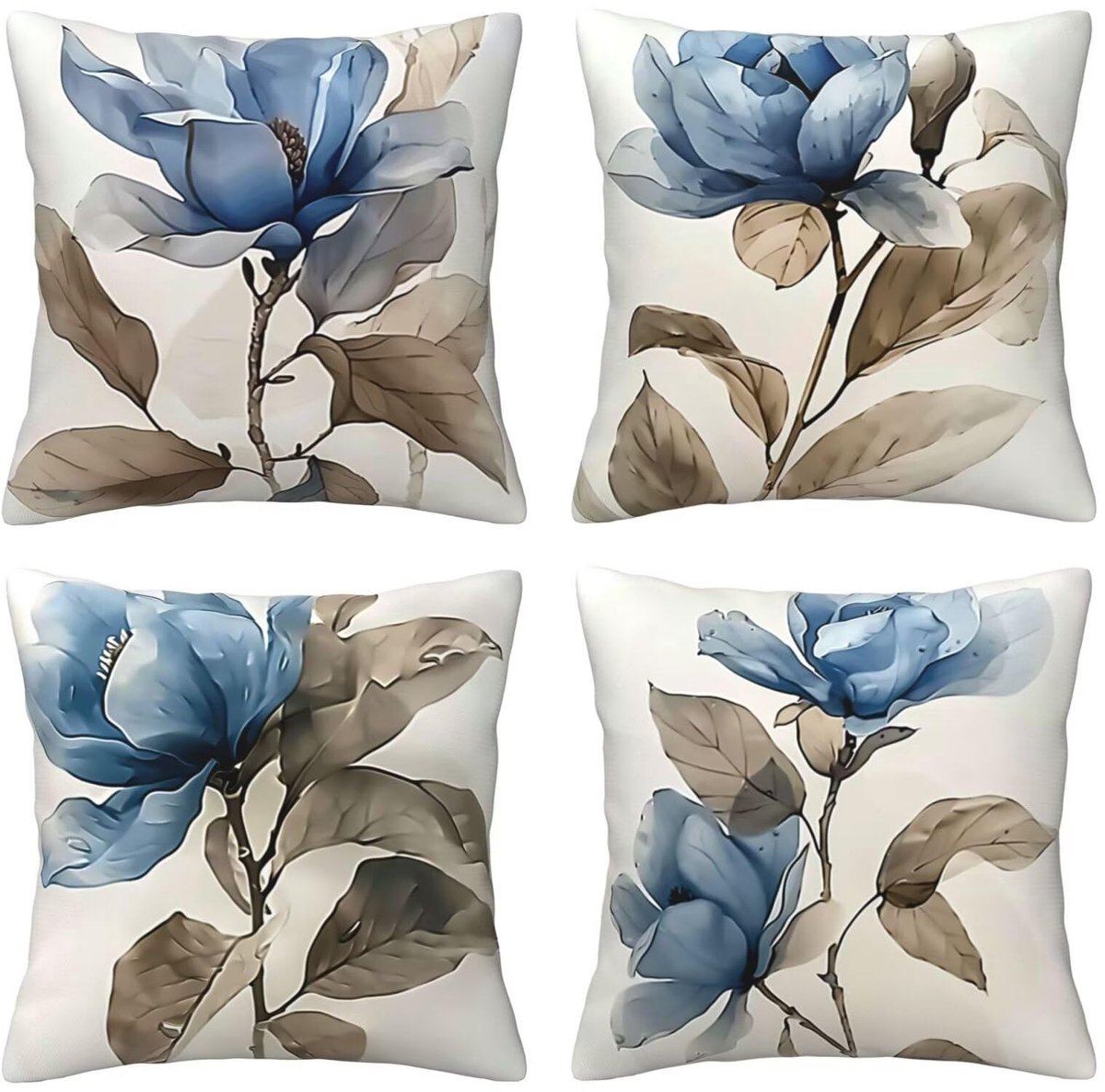 Kussenhoezen, 65 x 65 cm, blauwe bloemen, 4 stuks, vierkant, fluweel, zacht en ademend, decoratieve kussenhoes met verborgen ritssluiting, voor slaapkamer en woonkamer, bank, E8186