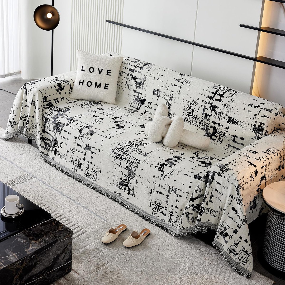 plaids, chenille bankdeken met kwastjes, veelzijdige deken, omkeerbare klassieke stijl deken voor bank, fauteuil bedden 180 x 260 cm-zwart