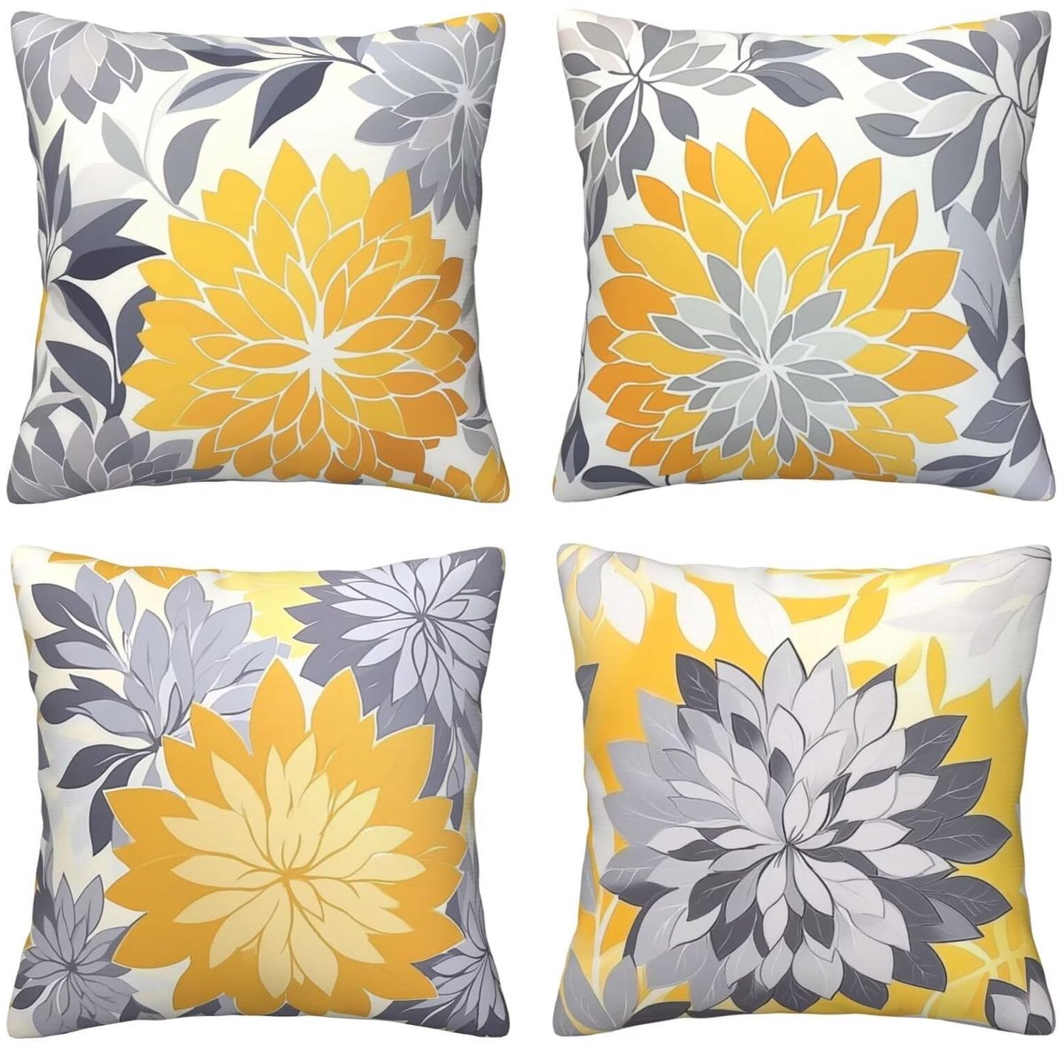 Set van 4 kussenslopen, 65 x 65 cm, gele en grijze print, kussenslopen, fluweel, zacht, groot, ademend, dubbelzijdig, bankkussen, vierkant, decoratie voor huis, woonkamer, bank, stoel, slaapkamer