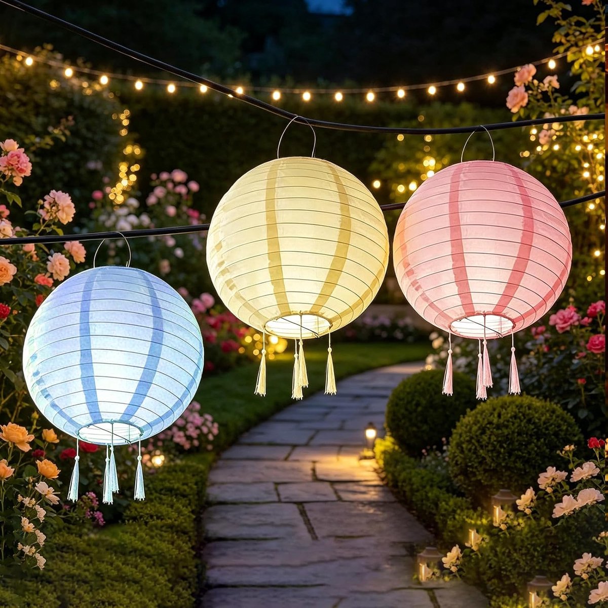 Lantaarns voor buiten, set van 3 solarlantaarns voor buiten, 20 cm LED-lantaarns, weerbestendige solarlantaarns voor buiten, hangende tuinlantaarns met 4 kwasten voor tuin, terras