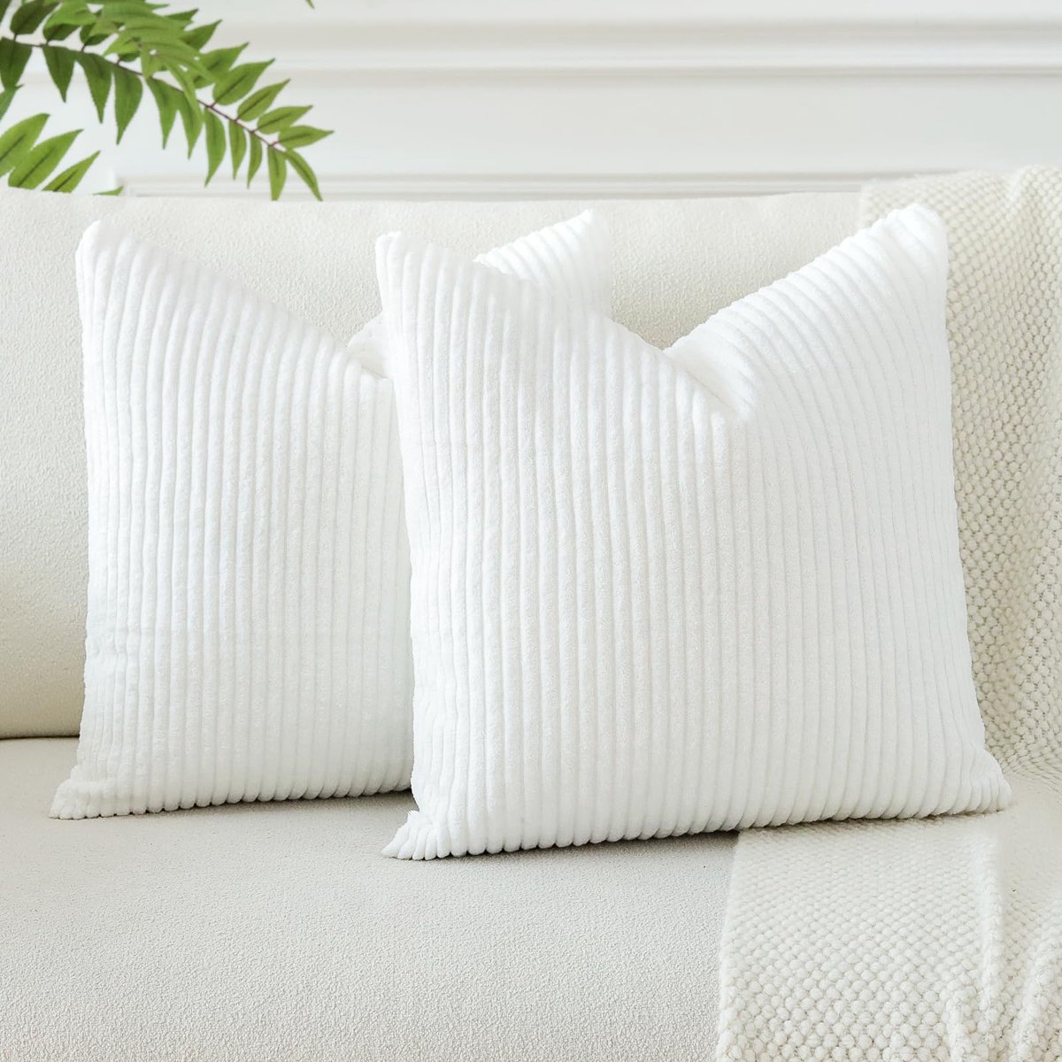 Set van 2 corduroy kussenslopen, kussenovertrekken, decoratieve sierkussens, bankkussens, decoratieve kussenhoezen voor bank, woonkamer, 40 x 40 cm, zuiver wit